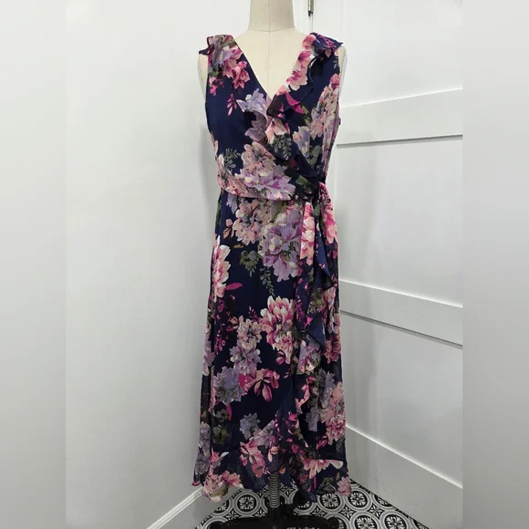 London Times Women's Ruffled Chiffon Flowy Floral Faux Wrap Maxi Dress Size 6 - Picture 2 of 10
